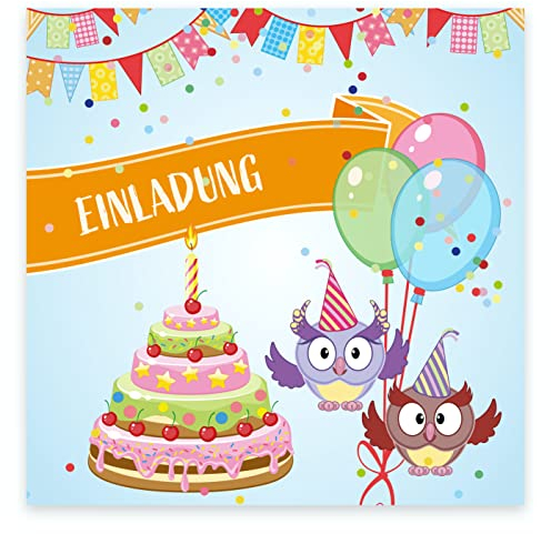 12 Premium Einladungskarten zum Kindergeburtstag + 12 Umschläge, Postkarte, 14,8x14,8cm, mit vorgedrucktem Text auf der Rückseite Einladung Karten Kinder Kids birthday Eule