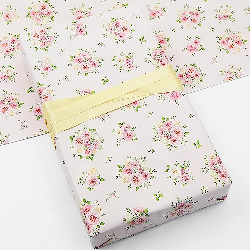 Blumen-Geschenkpapier und Schleifen-Set für Mädchen, Damen, Frauen, 4 Blatt Rosenblumen-Brautparty, Verlobung, Geschenkpapier für Geburtstag, Hochzeit, Muttertag, Jahrestag, Valentinstag