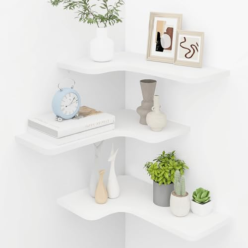 Homode Eckregale Schweberegale, 3er Set Eckwandregal mit Drahtloch, L-förmiges Holz Hängeregal für Wanddekoration, für Badezimmer Küche Schlafzimmer, Weiß