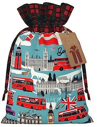 Weihnachtsgeschenktüten mit Aufschrift I Like London, bedruckt, mit Kordelzug, Süßigkeitenbeutel für Feiertage, Party, Gastgeschenk