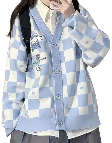 WANHONGYUE Kawaii Cartoon Cardigan Sweaters for Women Girls Long Sleeve Open Front Knit Jumper JK School Uniform Blue S