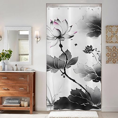 ASDCXZ Rideau de Douche Mince 90x180 cm, Art Moderne Lotus Feuille de Lotus Paysage Peinture Gris Lavables avec Oeillets Textile Rideau Douche imperméable pour Baignoire avec 6 Crochets
