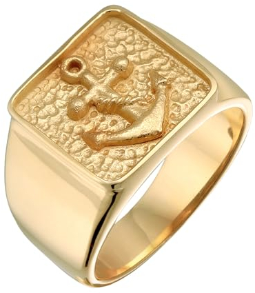 Kuzzoi Siegelring Herrenring 925 Sterling Silber Siegelring massiv (14 mm) vergoldet mit Ankersymbol Goldener Ring für Männer Ringgröße 60