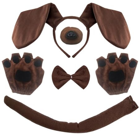 XNIVUIS 5 Pièces Chiot Chien Costume Animal Costume Set,Oreille de Chien Deguisement,Oreilles,Nez, nœud Papillon,Gants,Queue de Costume d'animaux,pour Adultes et Enfants Halloween Scène Cosplay(Brun)