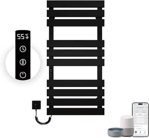 OihPaw Towel Rail Radiator,1100x550 mm WiFi Towel Warmer Rail for Bathroom,446W Wall Mounted electric towel rail with thermostat and LED Indicator,Black Left Electric Heated Towel Rail