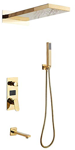 Gold Unterputz Duscharmatur,Duschsystem Antik Messing Duscharmatur Set Gold Dusche,LCD Dusche Set Brausearmatur Kopfbrause 3-Wege Mixer für Badewannen