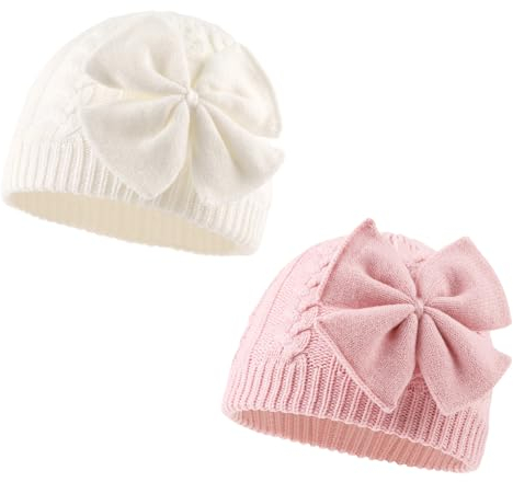 XIAOHAWANG Cappello Invernale per Bambina Nodo Rosa Cappello Bianco Grigio Lavorato a Maglia per Bambini Copriorecchie da 0-6 Anni(Bianco+Rosa,M)