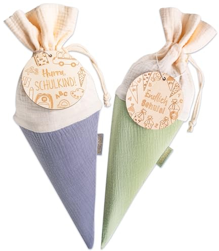 Papierdrachen 2 Schultüten aus Musselin zur Einschulung - mit tollen Holzanhängern und inklusive Namenschilder zum Ausschneiden - Blau-Mint - Geschwistertüte