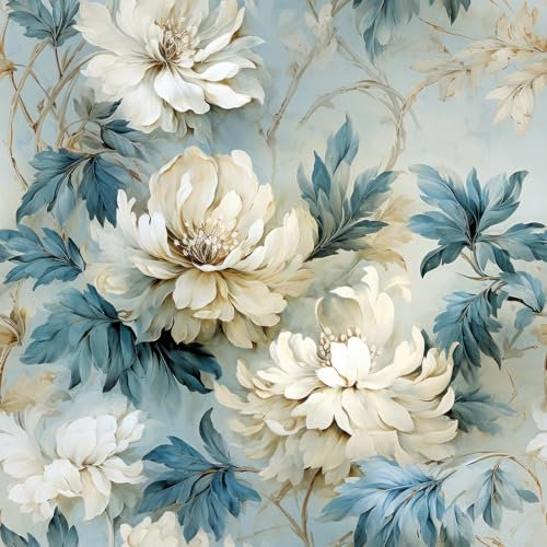 REDAMANCY Vintage Blue White Peony Flower Wallpaper, Easy Peel-off, Renter Friendly, 17.7x236