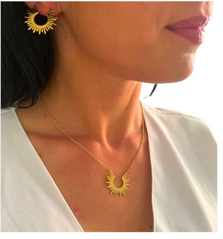 NataschaWoge® Edelstahl Sonne Halbsonne GOLD Huggie Kette Halskette Creolen Ohrringe Schmuck für sie Geschenk Silber Damenschmuck Freundin (Halskette Gold)