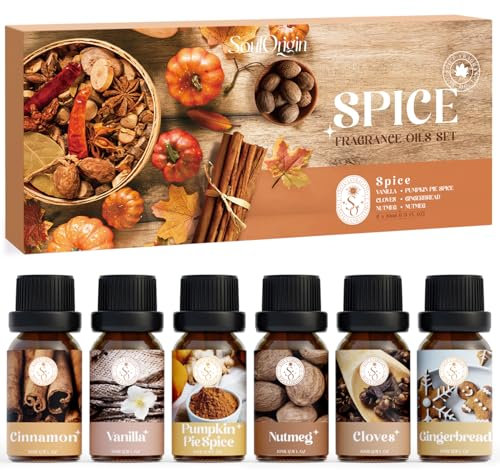 SoulOrigin Autumn Spice Essential Oils Set, Fragrance Oil Set for Oil Diffusers, Scented Oils for Soap Candle Making 6x10ml - Cinnamon, Nutmeg, Vanilla, Gingerbread, Pumpkin Pie Spice, and Cloves