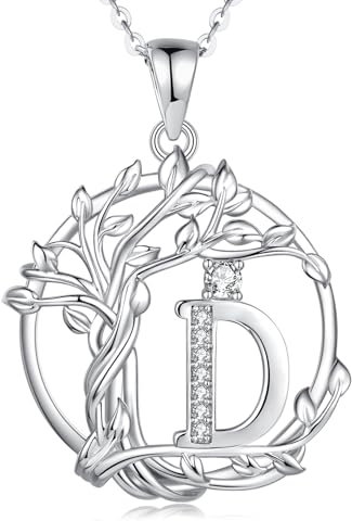 FANCIME Lebensbaum Buchstaben Kette Damen, 925 Sterling Silber D Alphabet Initialen Anhänger Halskette Schmuck Geschenke für Damen Frauen Mädchen, Kettenlänge: 40+5 cm