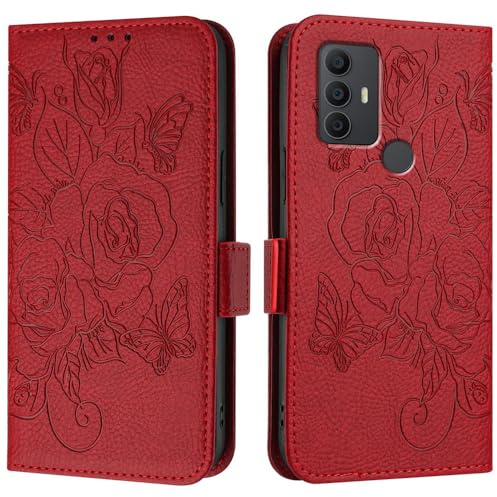 JZ TCL306 Kunstleder Flip Cover Geldbörse Fall [Rose][Wrist & Shoulder Strap][Card Holder][Kickstand] Für TCL 306 Case - Red
