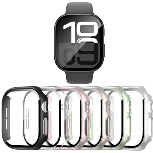 Haojavo 6 unidades de fundas para Apple Watch Series 10 Series X 42 mm con protector de pantalla de vidrio templado, funda iWatch con protector de pantalla de cristal, funda rígida de policarbonato