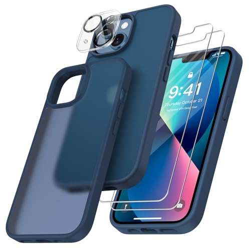 FLLAO 4 en 1 Funda para iPhone 13 6.1, Azul Oscuro | 2 Protector Pantalla y 1 Protector Lente Cámara, Almohadilla de Aire integrada, Antigolpes Antiarañazos Capa Carcasa