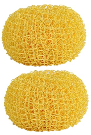 2pcs Round Fiber Scrubber Sponge Balls for Dishes and Pans | Flexible, Non Shedding, Stain Wiping, Yellow round Pads for Kitchen Cleaning, Cutlery Protection, Multipack