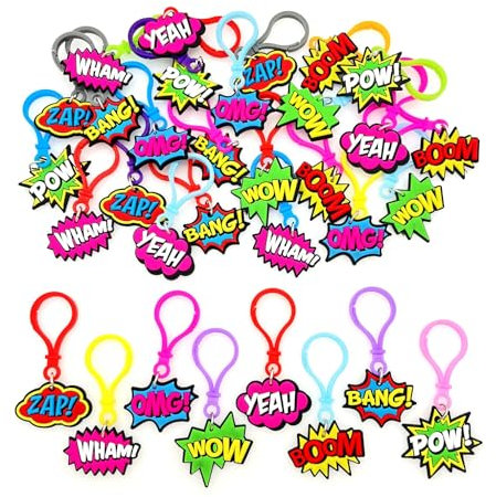 JZK Lot de 32 porte-clés WOW BOOM BANG WHAM OMG POW YEAH ZAP style bande dessinée cool cadeaux pour les fans de bande dessinée, cadeaux de Comic Con, lettres d'interjection, porte-clés de fête sur le