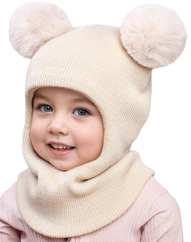 Happy Cherry Cagoule Bébé Enfant Hiver Chaud Chapeau d'hiver Pompon Bonnet Écharpe Coupe Vent Cache Cou Beige