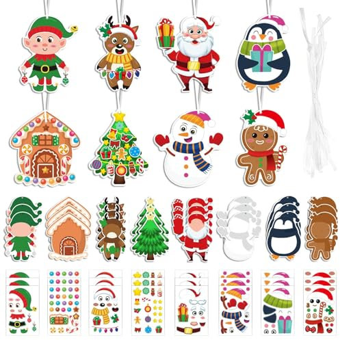 24 Stück Weihnachten Basteln, Bastelset Weihnachten Kinder, Jungen Mädchen Kreativität Weihnachtsbasteln Design Santa Lebkuchenmann Rentier Elf Schneemann Pinguin Für Weihnachtsbaum Winter Neujahr