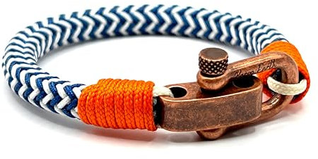 KAROO EARTH JEWELLERY Men's Maritime Nautical Rope Bracelet, Durable Navy Blue & White Zig-Zag with Orange detail | With stainless steel D-shackle | Adjustable to fit 18-19.5cm Average wrist