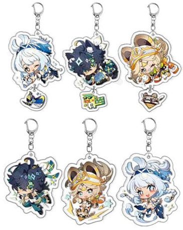 MayDee Gen Shin Figur Acryl Schlüsselanhänger Natlan Kachina Mualani Keychain Anime Figure Kinich Cosplay Deco 6pcs