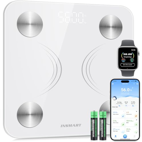 INSMART Intelligente Waage, Waage für Körpergewicht mit App, Bluetooth-Badezimmerwaage für Fitness-Tracking, hochgenaue Körperzusammensetzungsüberwachung für BMI, Viszeralfett usw. (ST/LB/KG) (weiß)