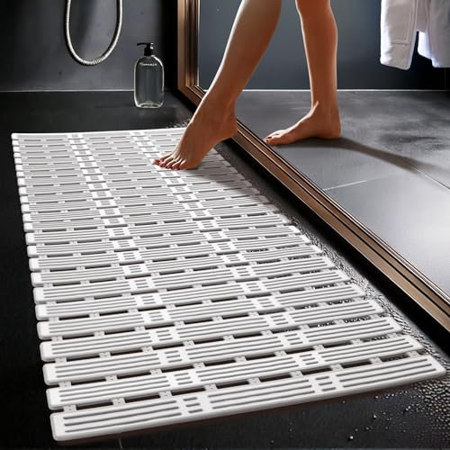 Shower Mat Non Slip Anti Mould - White & Grey 68x40cm Non Slip Bath Mats For Inside Bath, Shower Tray & Bathroom Tiles - Cut To Size Rubber Bath Mat With Suction Cups For Elderly, Children & Pets