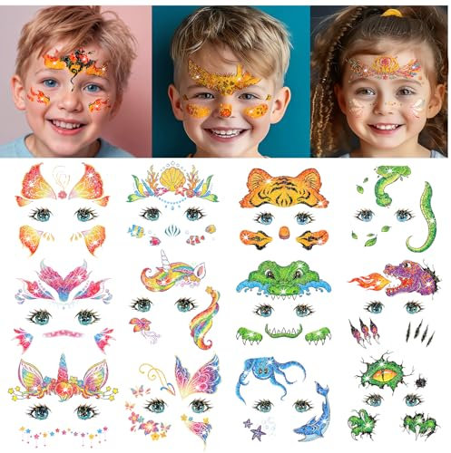 Leesgel Gesicht Tattoos für Kinder Mädchen Schminke, 24 Blätter Glitzertattoos Kinder Set Mädchen Gesicht Karneval Schminke, Geburtstagsgeschenk Zubehör, Kinderspielzeug und Gadgets