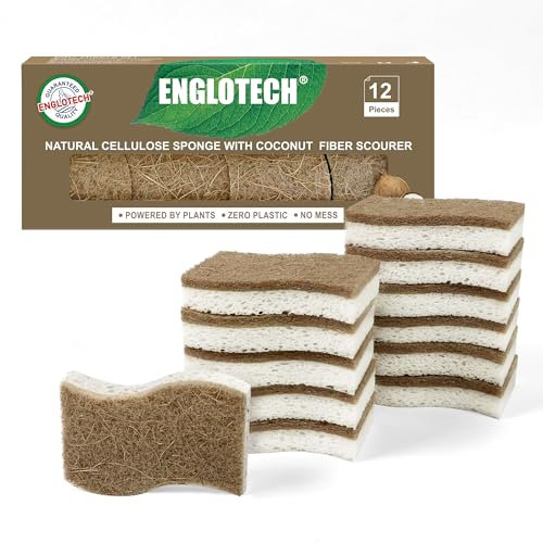 12 Pack Biodegradable Eco Sponges Washing Up,Natural Cellulose and Coconut Kitchen Sponges,Durable Natural Dishe Sponge with Non-scratch Scouring Pads for Dishes, Pots and Pans