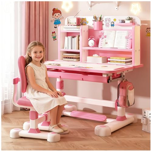 Altsuceser Kinder Bürostuhl Set, Höhenverstellbarer Studientisch mit Sitzkorrektur, Ergonomischer Bürostuhl mit Buchständer und Pedal (Rosa, Blau)