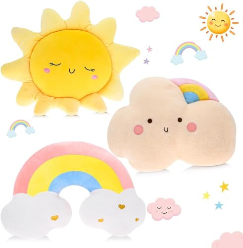 Malloom Set von 3 Kuschelkissen, 16 Sonnen-, Wolken- und Regenbogen-Form Kissen, Flauschige Plüschkissen für Wohnzimmer, Schlafzimmer, Spielzimmer, Bett, Sofa, Stuhl, Bodendekoration – Geschenkidee