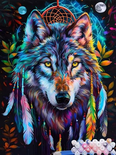 Malen nach Zahlen Erwachsene Wolf, Paint by Numbers for Kinder Feder, DIY Handgemalt Ölgemälde Kit inklusive Pinsel und Acrylfarben für Anfänger für Zimmer Deko Wanddeko Ohne Rahmen 60x90cm A-1