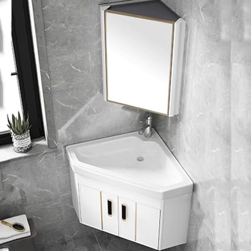 Armadietto da Bagno ad Angolo con Specchio e Contenitore Mobile Bagno Sospeso con Lavabo, Rubinetto Caldo e Freddo, Design Ssalvaspazio per Piccoli Bagni(White,43cm)