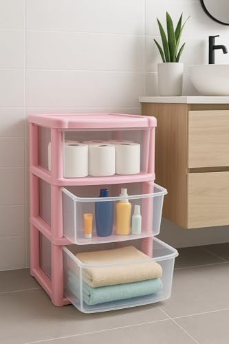 3 Tier Drawer Plastic Storage Tower – Large Durable Drawer Unit for Toys, Office, School, Crafts & Home | Transparent Drawers Organizer | Vertical Plastic Storage Solution 80x38x38cm (Pink)