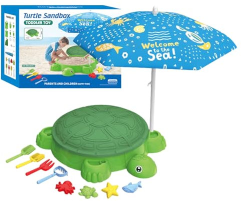 Turtle Sandbox Sand Pit With Lid And Adjustable Umbrella, Summer Outdoor Toys With 8 Beach Toys, For Kids 3-5 Years Garden Backyard Preschool Daycare 86x64x17.5cm