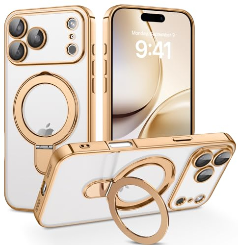BENTOBEN Hülle für iPhone 17 Pro Max Mag-Safe mit Ständer, [Unsichtbarer Magnetisch Ständer Ring] Clear Kabellos Dünn TPU Bumper Cover Case Handyhülle iPhone 17 Pro Max(6.9), Gold