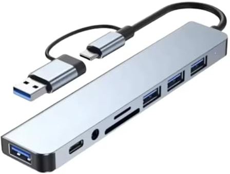 8 en 1 Hub USB C con 4 Puertos USB, Lector de Tarjetas SD/TF, Conector de Auriculares de 3,5 mm, Puerto de Datos USB C