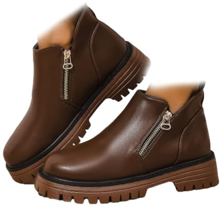WINDEHAO Stivaletti da donna con punta tonda con cerniera laterale, tacco grosso, plateau, ortopedici, comodi, vestibilità larga, stivaletti Chelsea, Marrone, 46 EU
