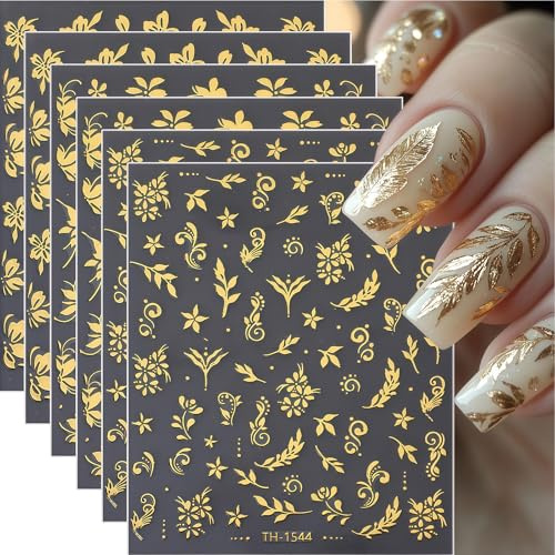 Zosutetoxo 6 Sheets Nail Stickers Gold, 3D Self-Adhesive Nail Art Stickers with Leaves and Butterfly, DIY Manicure Accessories for Women, a Thoughtful Gift