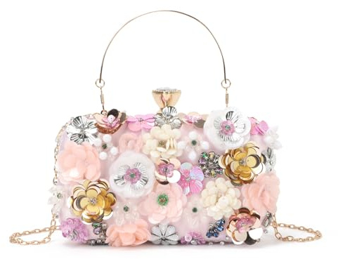 EVEOUT Women's 3D Floral Clutch Bag Elegant Flower Evening Handbag with Chain Strap for Wedding, Prom & Party