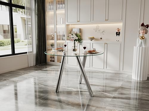 HAINEW Runder Glas Esstisch Mit Metallbeine, Küchentisch Glastisch Esszimmertische für Esszimmer Wohnzimmer Küche, 89×89×76cm, HD26040702 (Silber)