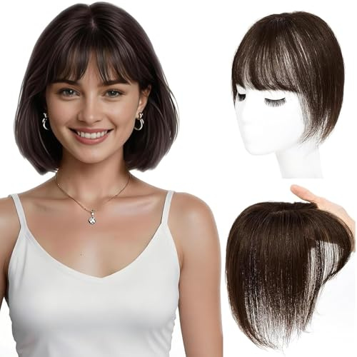 Echthaar-Topper für Damen mit 360° 3D-Abdeckung grauer Haaransätze – Haar-Topper aus Echthaar mit wispy Pony, nahtloser unsichtbarer Clip-in-Pony für den täglichen Gebrauch 20cm Braun