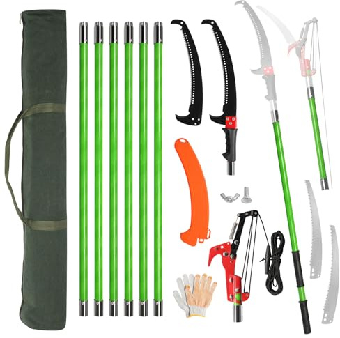 Outopee 26FT Telescopic Tree Pruner with Steel Blade and Shears, Green | 2 in 1 – Manual Pole Saw & Long Reach Pruning Saw, Extendable Branch Cutter for Garden, Oak, Palm Outdoor Use