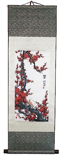 lachineuse - Kakemono Fleurs de Prunier - Tapisserie Murale - Décoration Japonaise à Suspendre - 100 x 30 cm - Symbole d'Espoir - Tableau Japonais Estampe - Coloris Gris - Idée Cadeau Japon Asie
