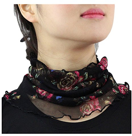 UK_Stone Damen 100% Mulberry Seide Schlauchschal Loop Halstuch Schwarz Rot Blumen Muster Abnehmbar Faux Kragen (#6)