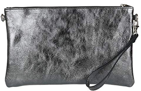 Girly HandBags Genuine Italian Metallic Leather Clutch Bag - Grey(Size: W 25, H 15, D 2 cm (W 10, H 6, D 1 inches))