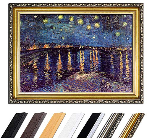 Bilderdepot24 Bild mit Rahmen - Vincent van Gogh Sternennacht über der Rhône 50x40 cm - Gerahmtes Leinwandbild Alte Meister - Antiker Rahmen Gold Barock, Klassisch