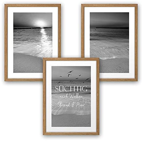 Kreative Feder 3-teiliges Premium Poster-Set - Kunstdruck Süchtig nach Wellen, Strand & Meer - Deko-Bild für Ihre Wand (A4, natur Rahmen)