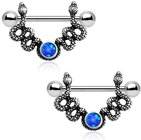 CM Crareesi Mania 2 Stück Schlange Nippelpiercing Brustwarzenpiercing aus 316L Chirurgenstahl 14G Silber brustpiercing blau Piercing Brust Brustwarzen Schmuck Frau Männer