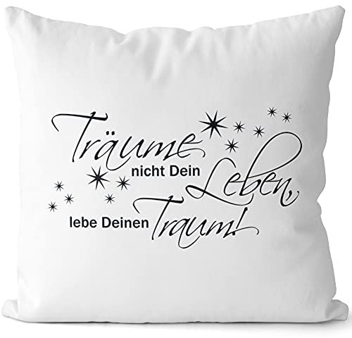 JUNIWORDS Kissen, Träume Nicht Dein Leben, lebe deinen Traum!, 40 x 40 cm, 2-farbig, Weiß-Rosa